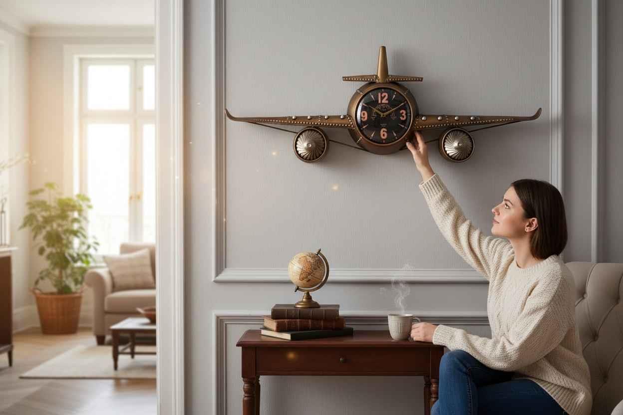 Dekoratif Aviator Retro Metal Eskitme Uçak Duvar Saati
