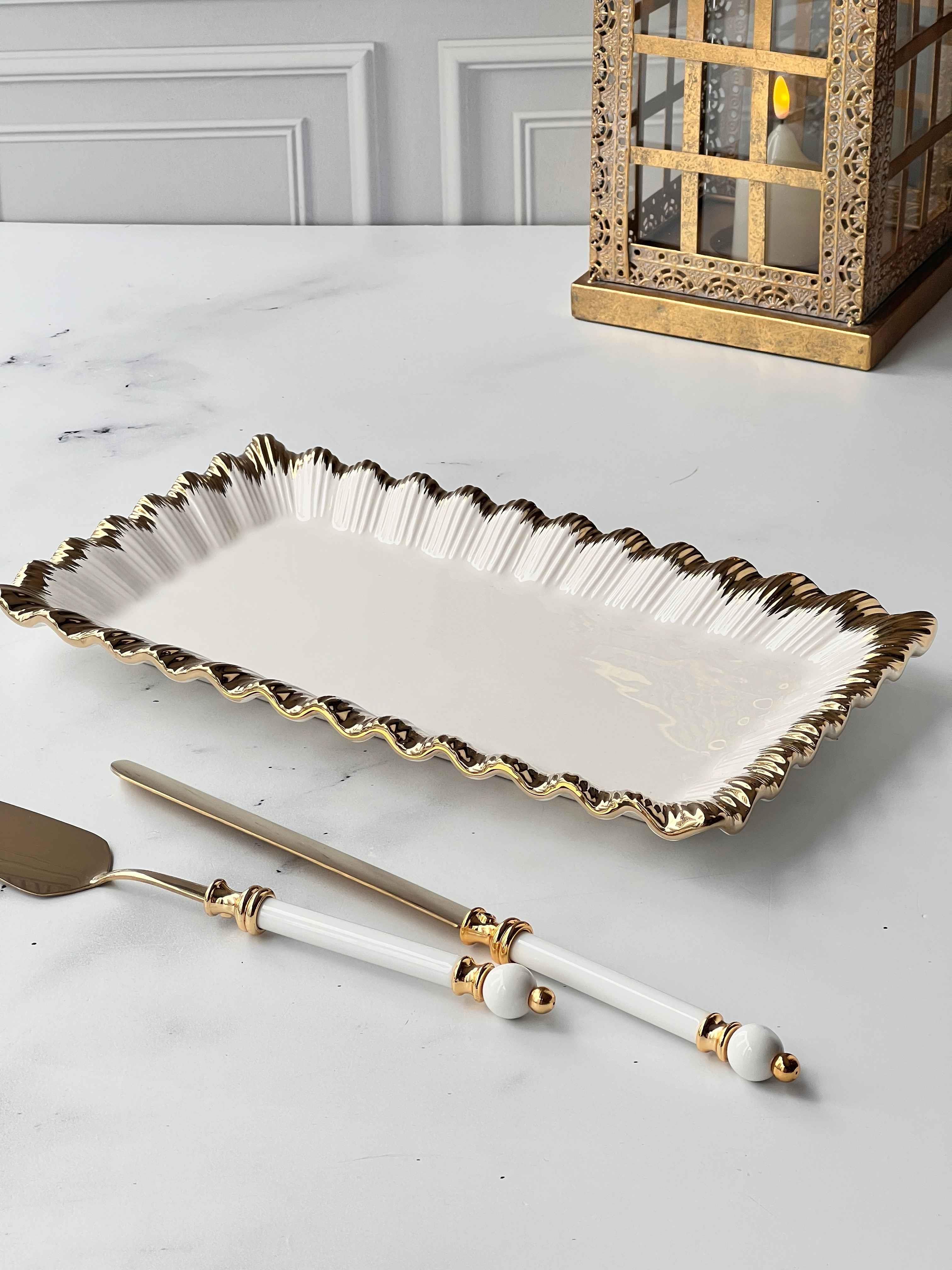 Dikdörtgen Sunum Tabağı Sofya Stoneware Gold Kenarlı – 21 x 37 cm