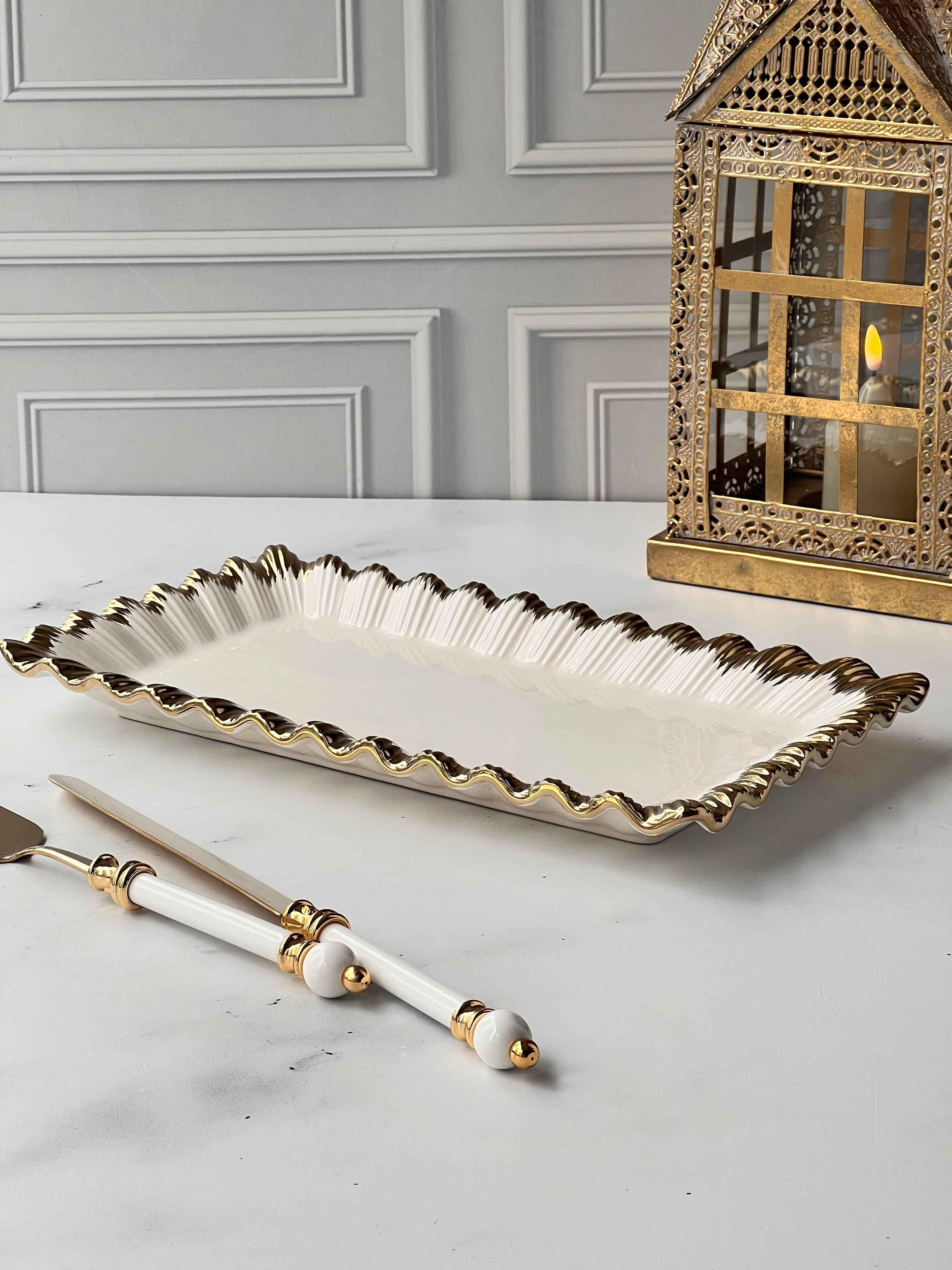 Dikdörtgen Sunum Tabağı Sofya Stoneware Gold Kenarlı – 21 x 37 cm