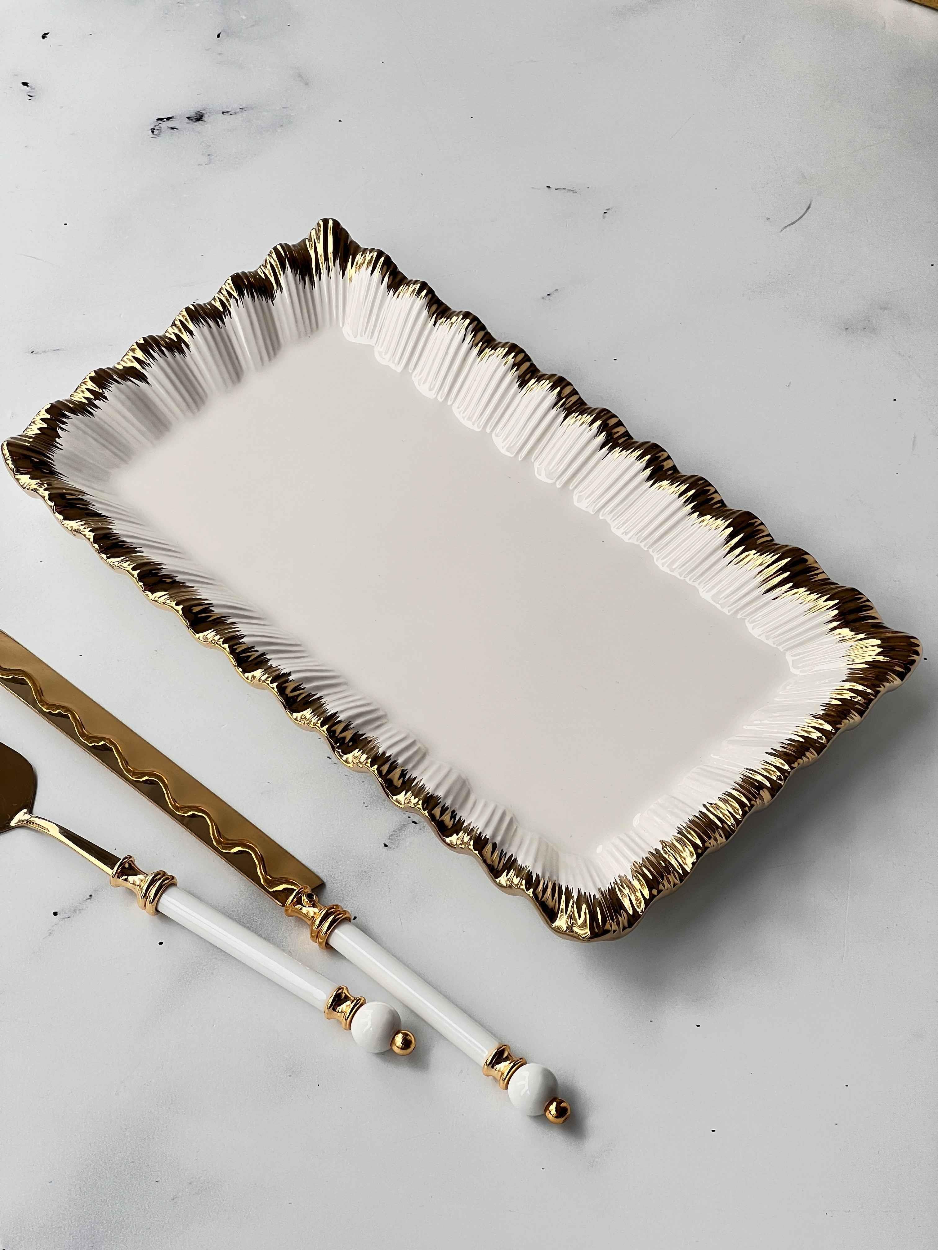 Dikdörtgen Sunum Tabağı Sofya Stoneware Gold Kenarlı – 21 x 37 cm