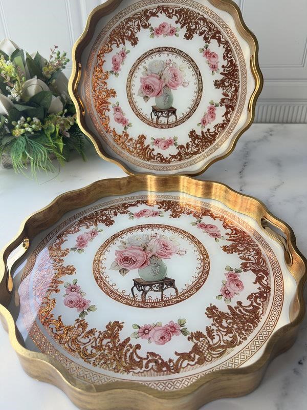Eskitme Ahşap Görünümlü Cam Tepsi 2'li Sarissa Rose