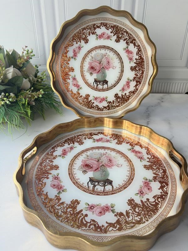 Eskitme Ahşap Görünümlü Cam Tepsi 2'li Sarissa Rose