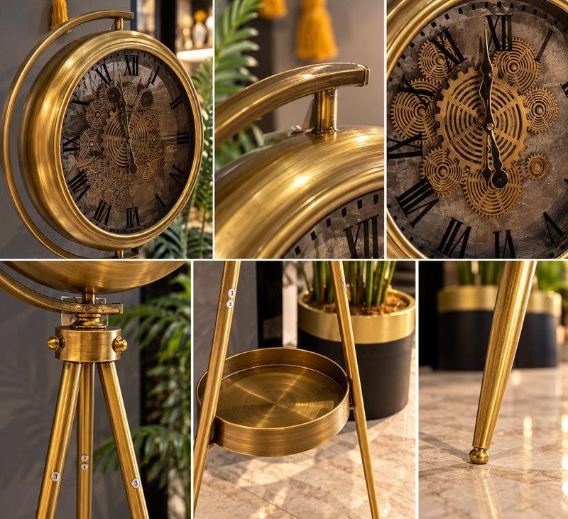 Eskitme Gold Çarklı Tripod Ayaklı Dekoratif Saat Gear