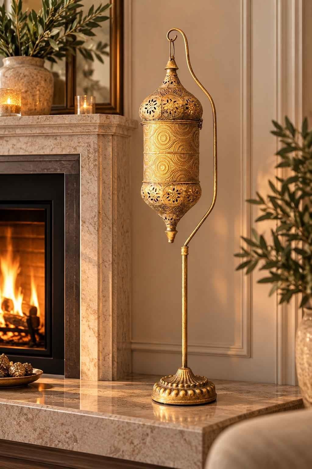 Eskitme Telkarı Gold Dekoratif Fener Ayaklı 96 Cm