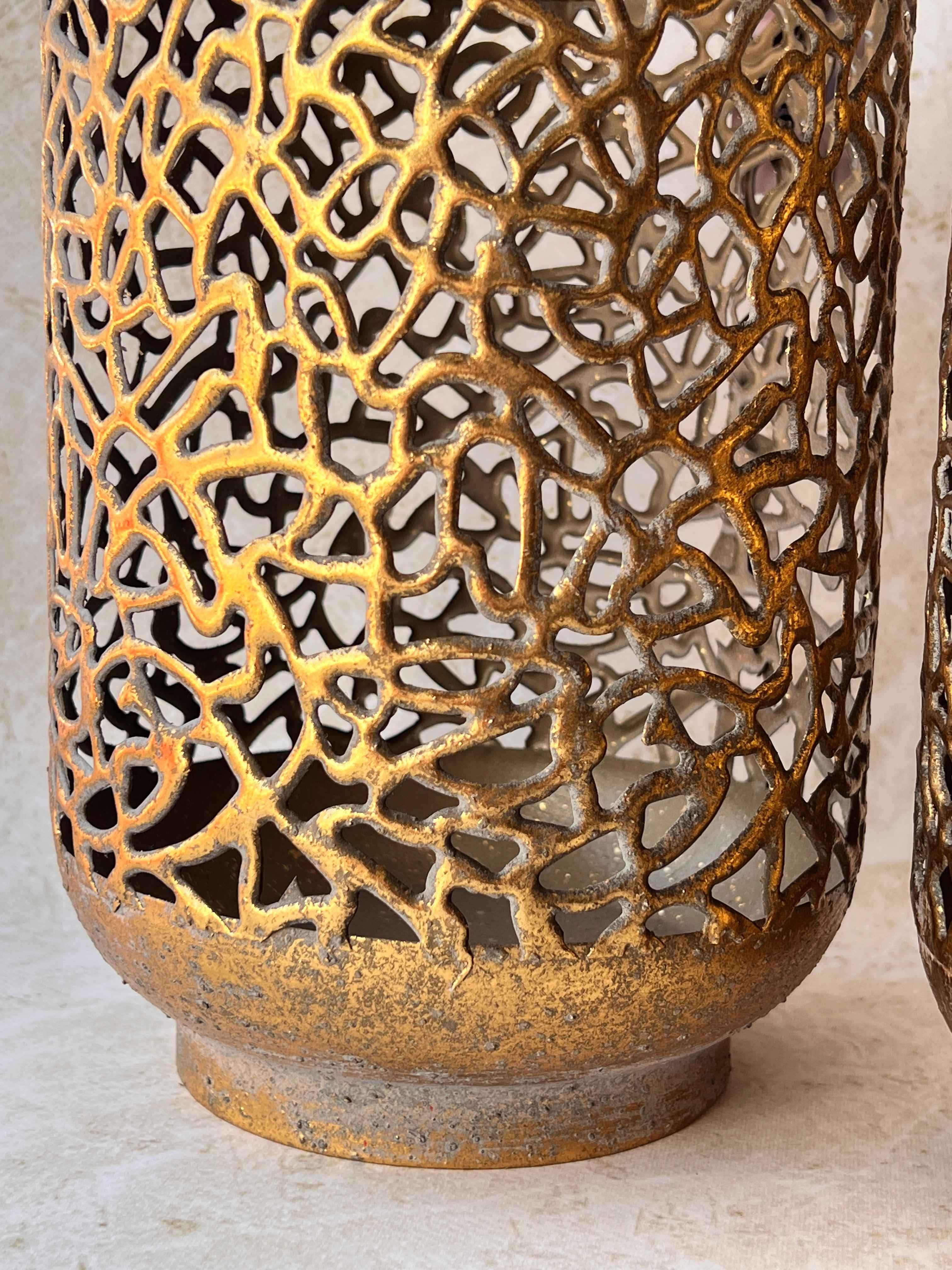 Eskitme Telkarı Gold Dekoratif Fener Mumluk Seti 2'li