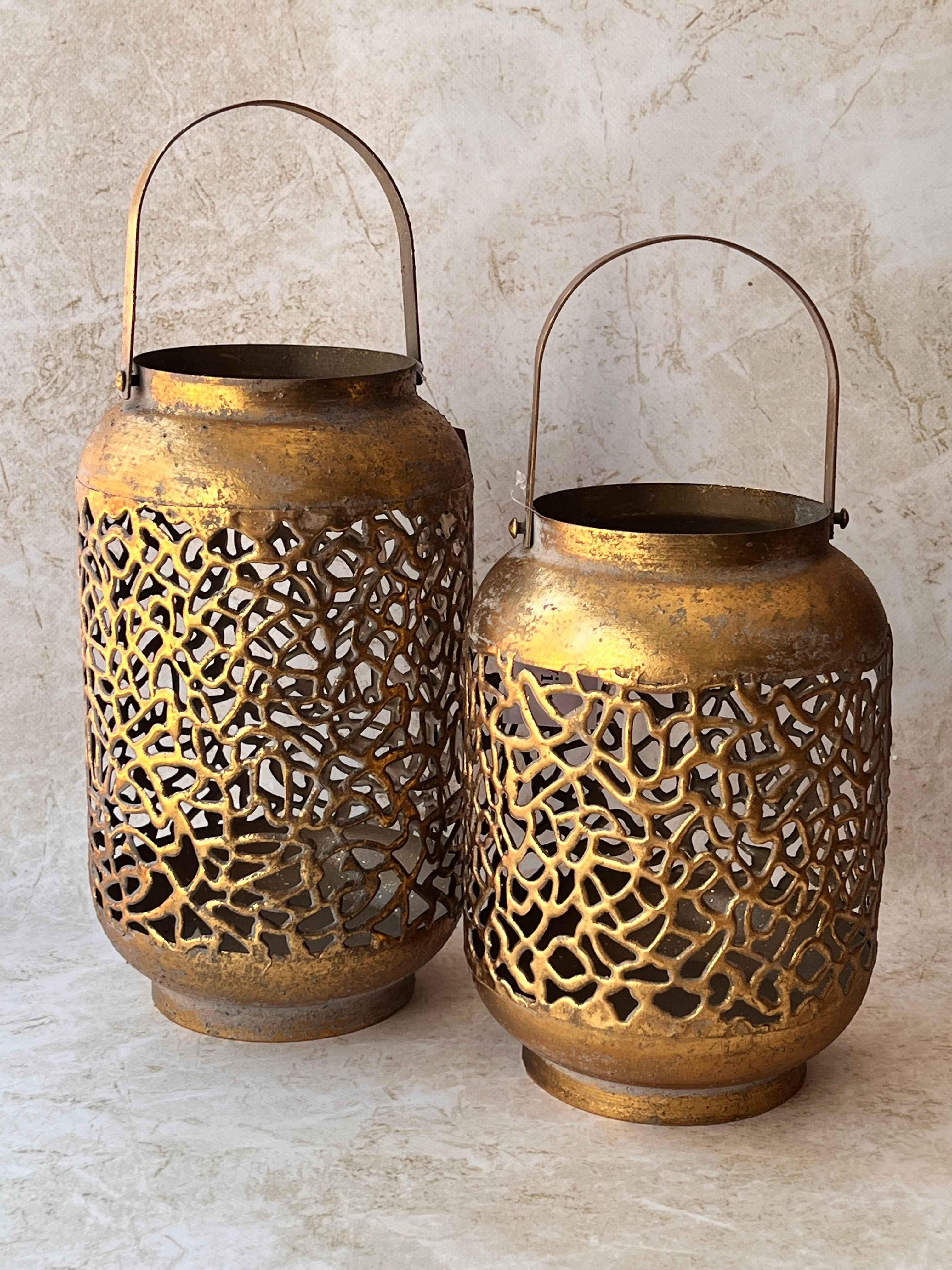 Eskitme Telkarı Gold Dekoratif Fener Mumluk Seti 2'li