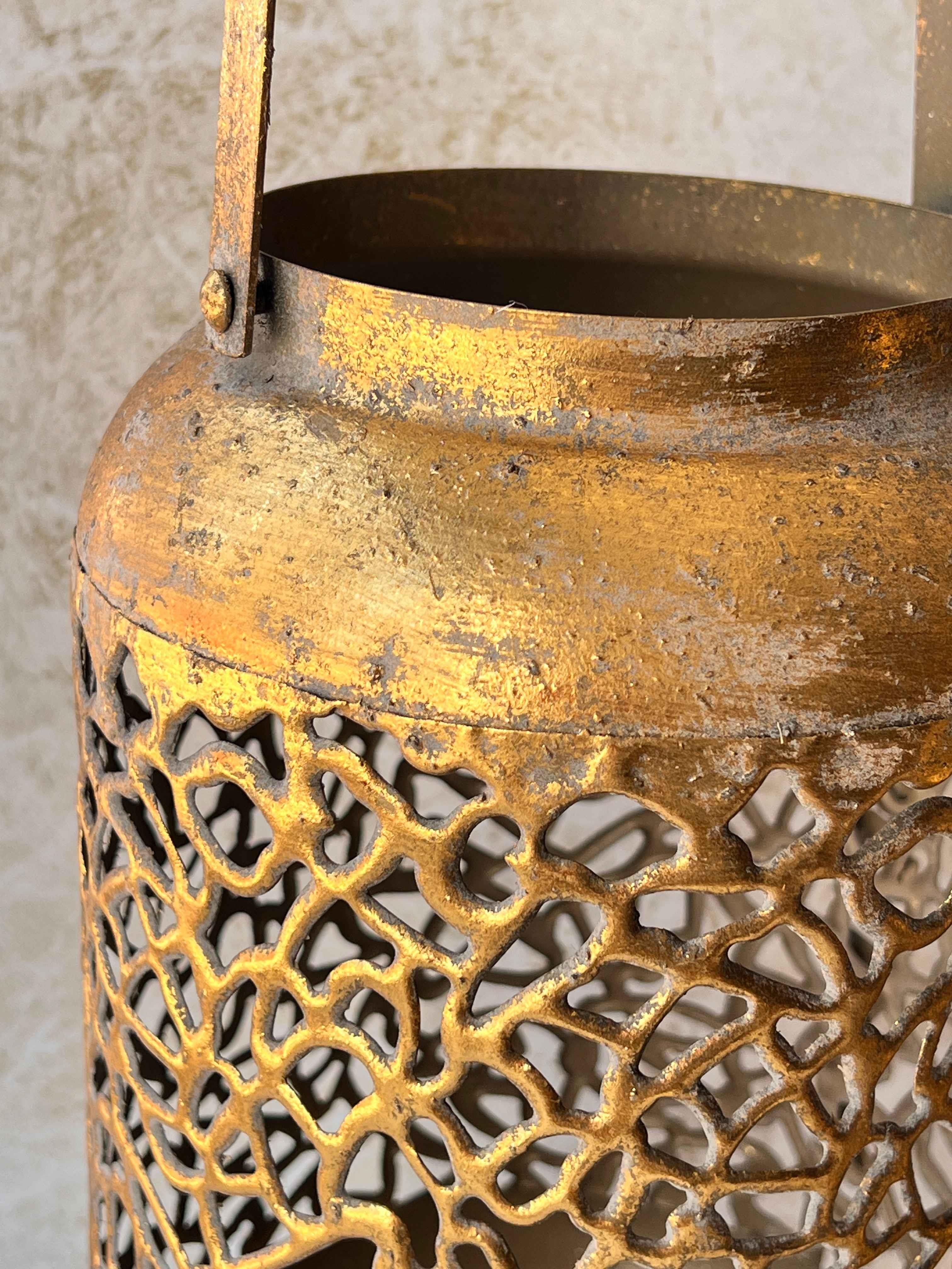 Eskitme Telkarı Gold Dekoratif Fener Mumluk Seti 2'li
