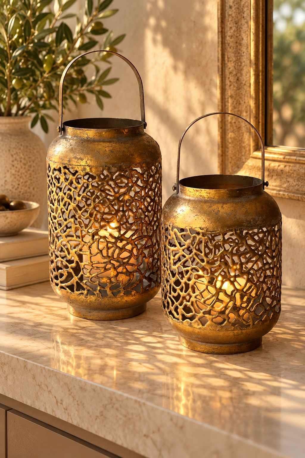 Eskitme Telkarı Gold Dekoratif Fener Mumluk Seti 2'li