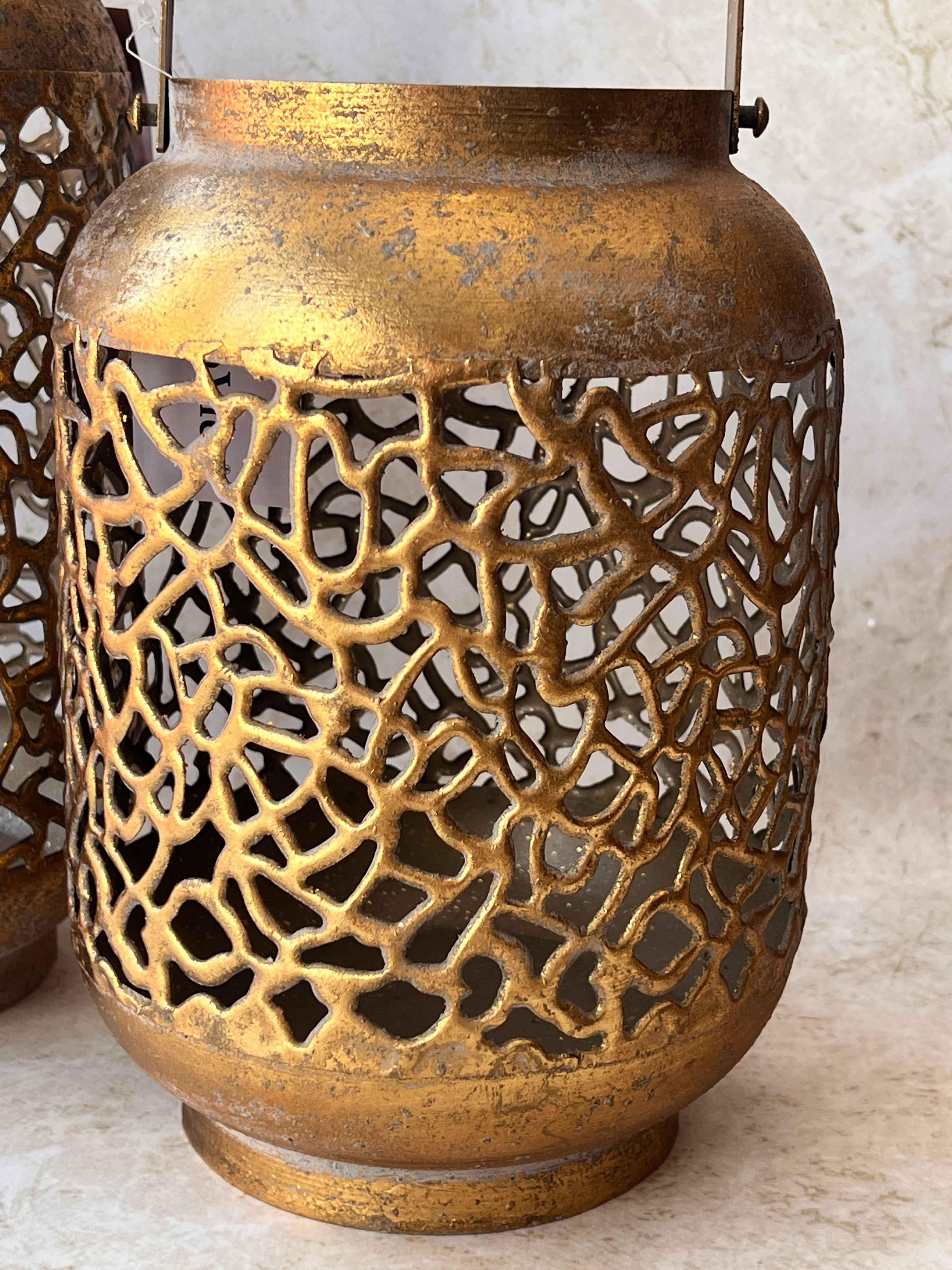 Eskitme Telkarı Gold Dekoratif Fener Mumluk Seti 2'li