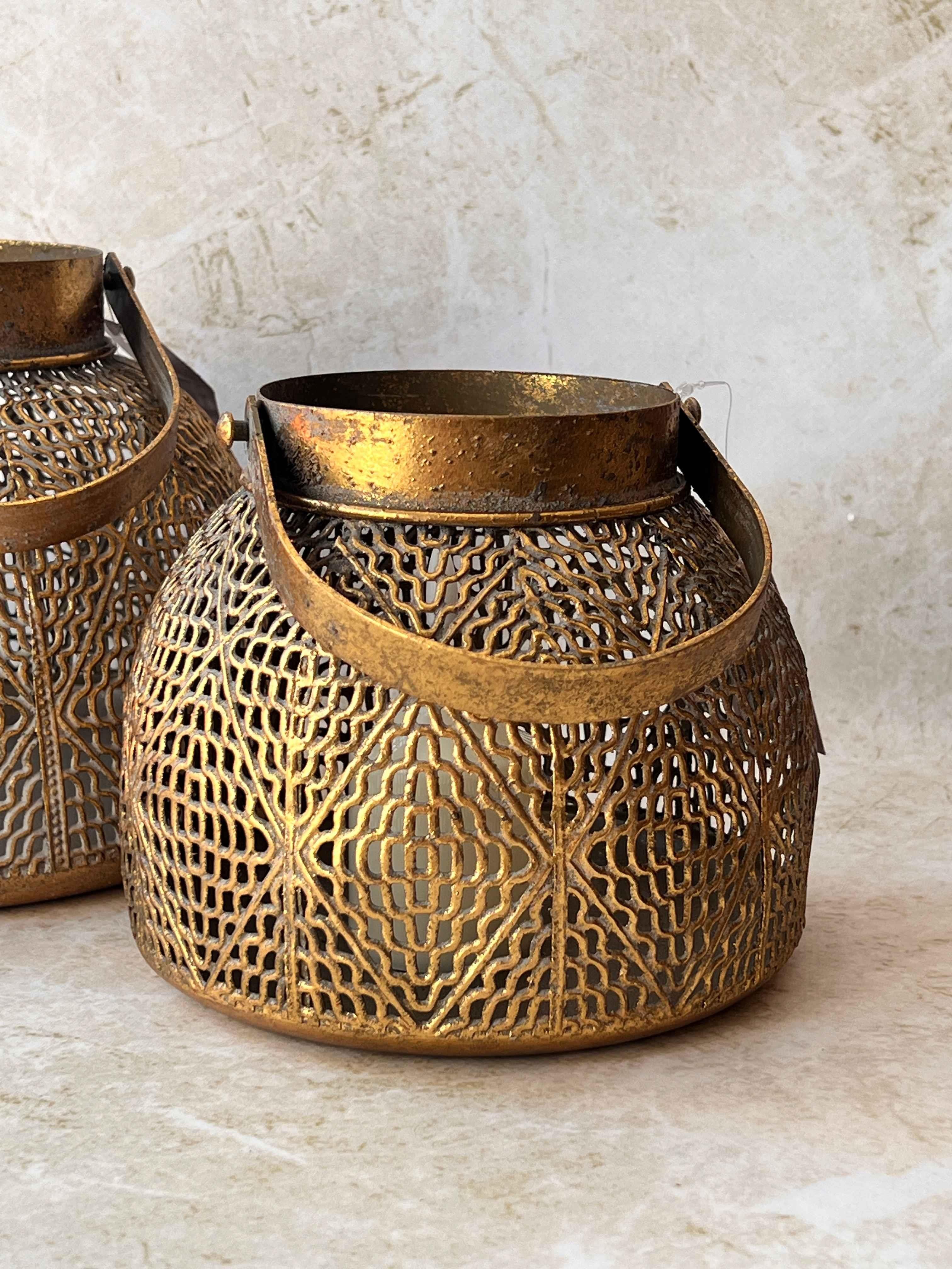 Eskitme Telkarı Gold Yuvarlak Dekoratif Fener Mumluk Seti 2'li
