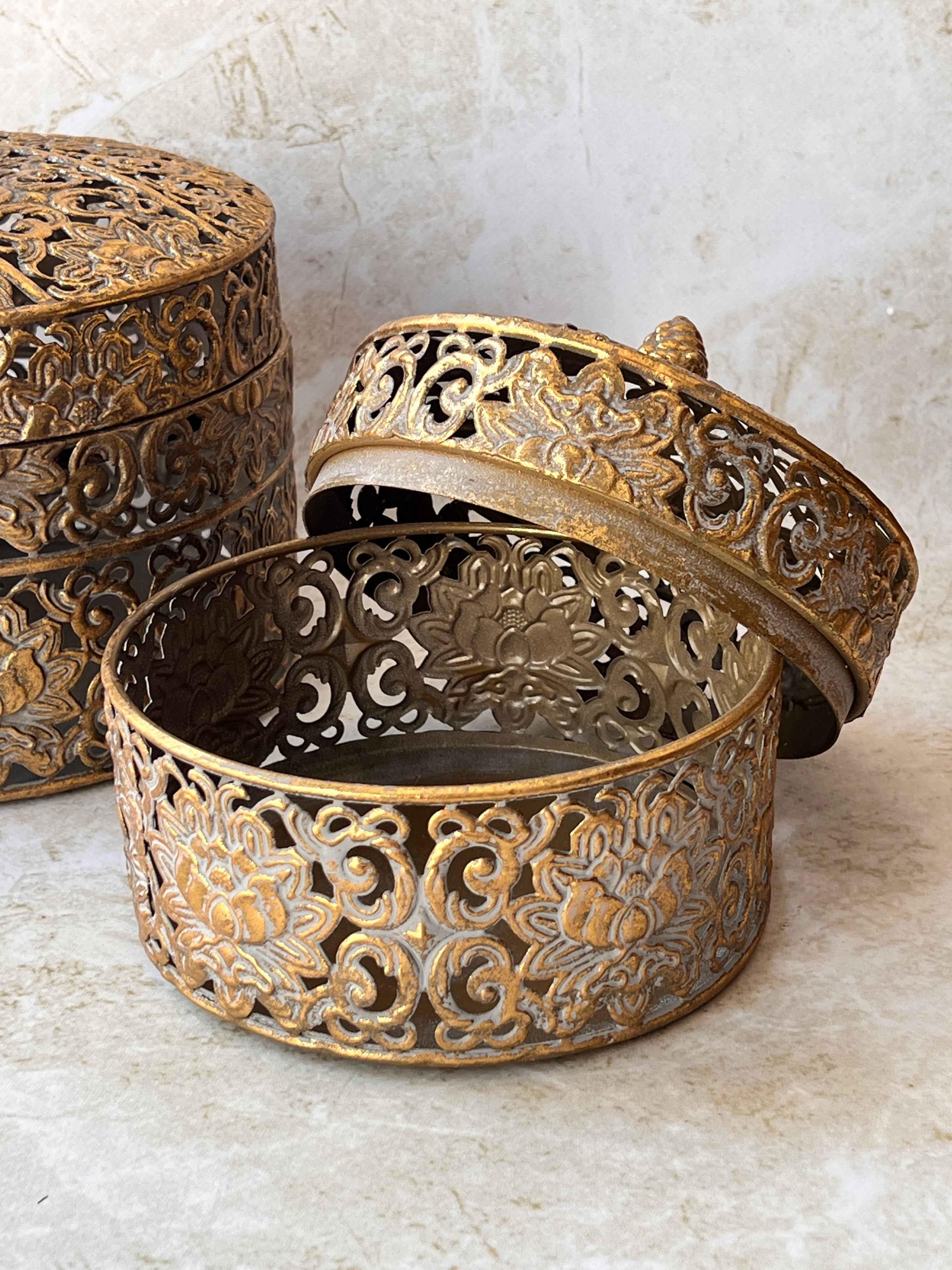 Eskitme Telkarı Gold Yuvarlak Dekoratif Kutu Seti 2'li