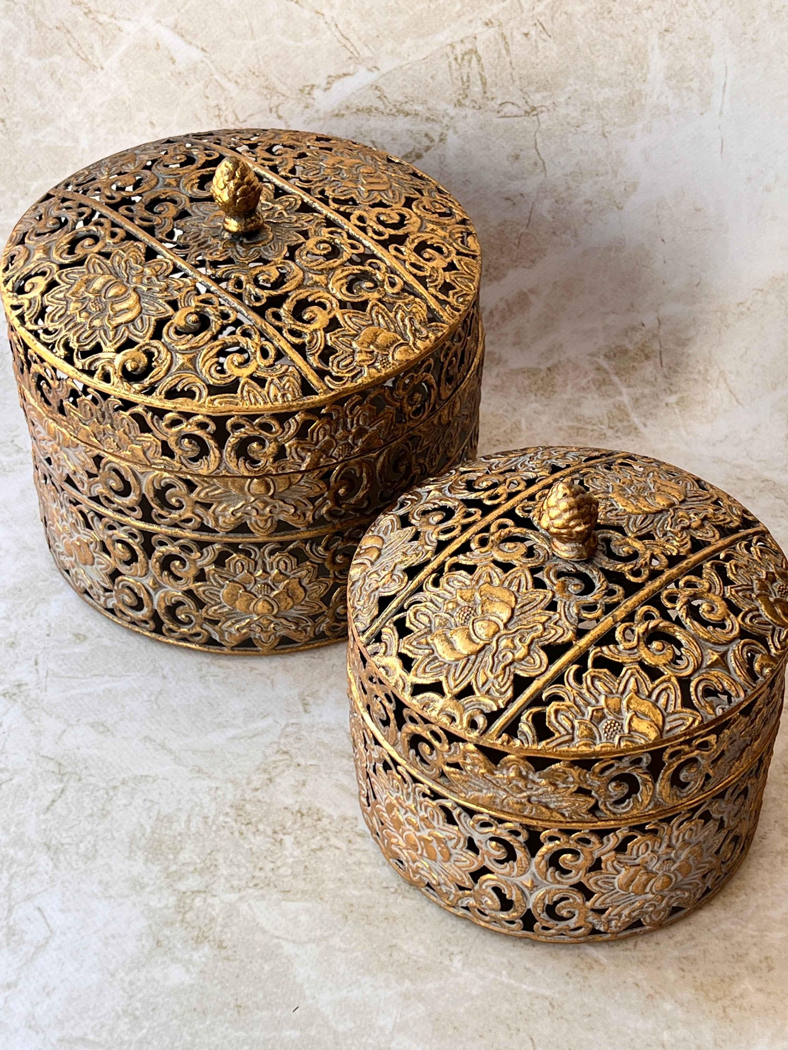 Eskitme Telkarı Gold Yuvarlak Dekoratif Kutu Seti 2'li