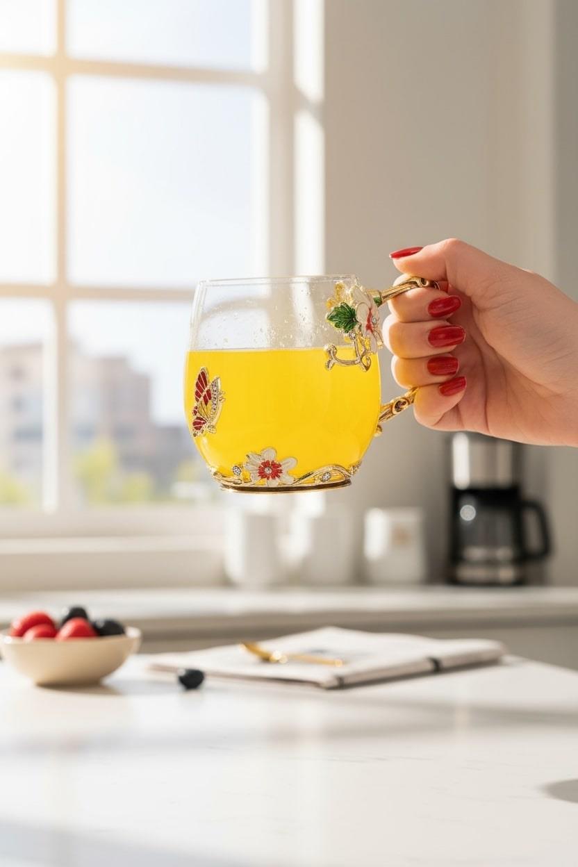 Flora Camellia Çiçekli Cam Kupa