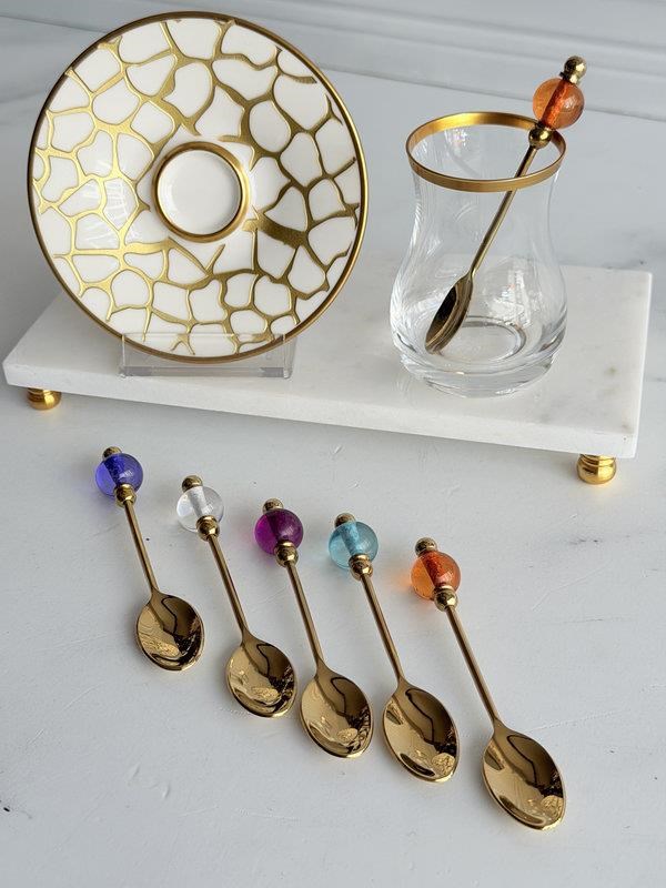 Gold Çay Kaşık 6'lı Renkli Taşlı 