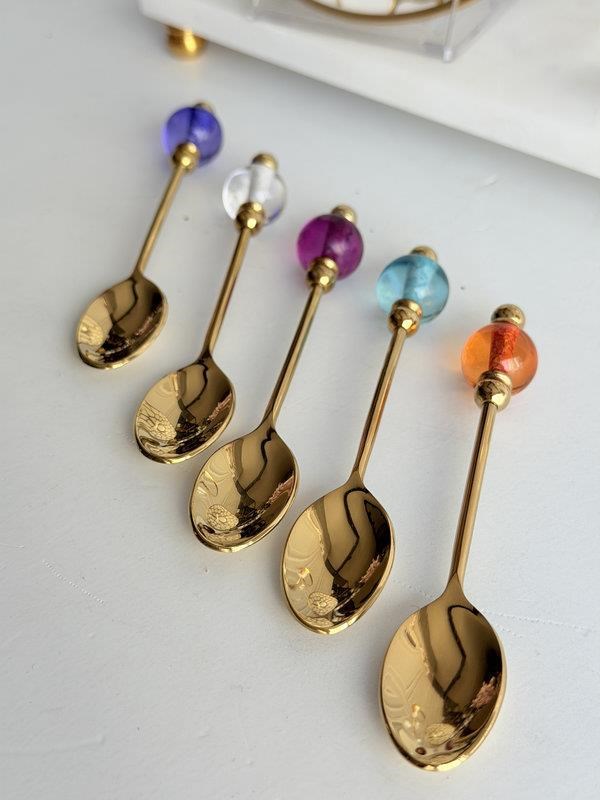 Gold Çay Kaşık 6'lı Renkli Taşlı 