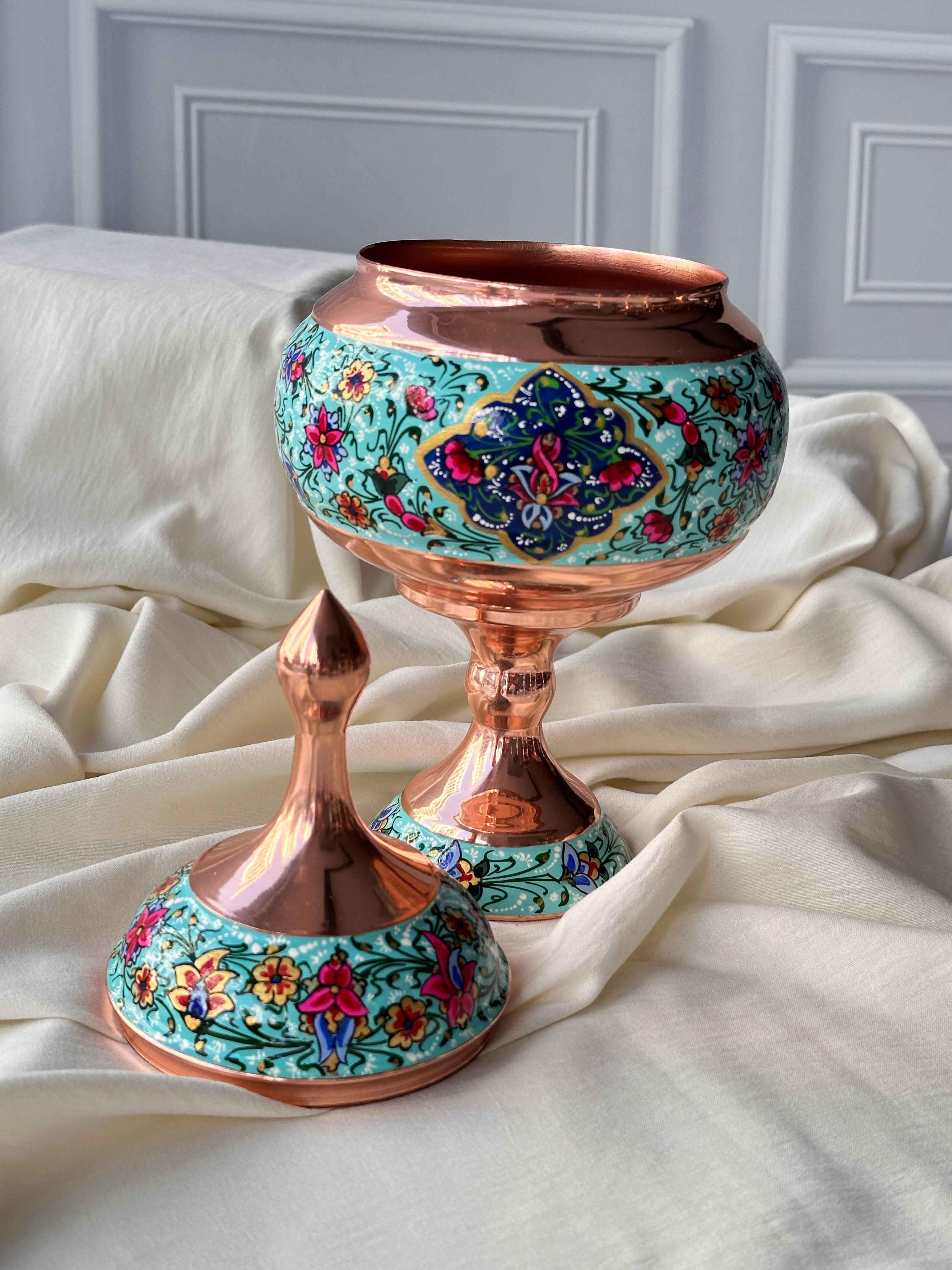 İsfahan Bakır Üzerine Mine İşlemeli Şekerlik 28cm