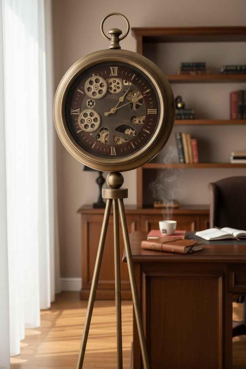 Loft Eskitme Gold Çarklı Tripod Ayaklı Dekoratif Saat
