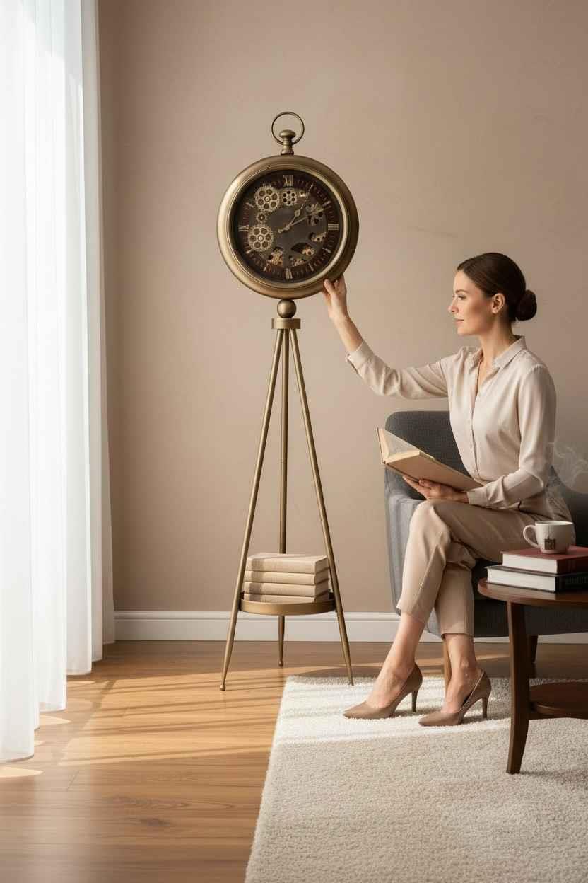 Loft Eskitme Gold Çarklı Tripod Ayaklı Dekoratif Saat
