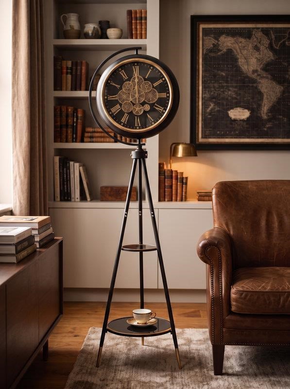 Mat Siyah Çarklı Tripod Ayaklı Dekoratif Saat Lora