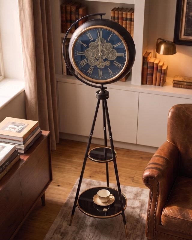 Mat Siyah Çarklı Tripod Ayaklı Dekoratif Saat Lora