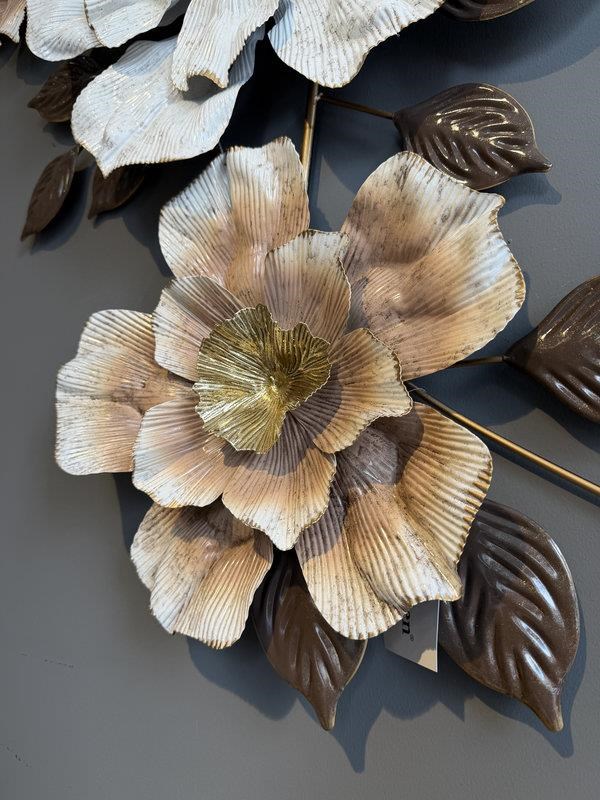 Metal Duvar Panosu 90x42cm Çiçek – Beyaz Bronz