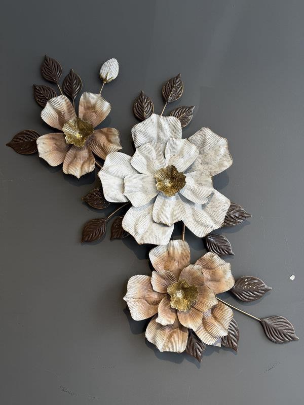 Metal Duvar Panosu 90x42cm Çiçek – Beyaz Bronz
