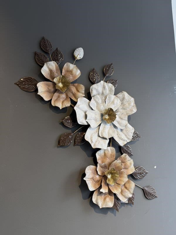 Metal Duvar Panosu 90x42cm Çiçek – Beyaz Bronz