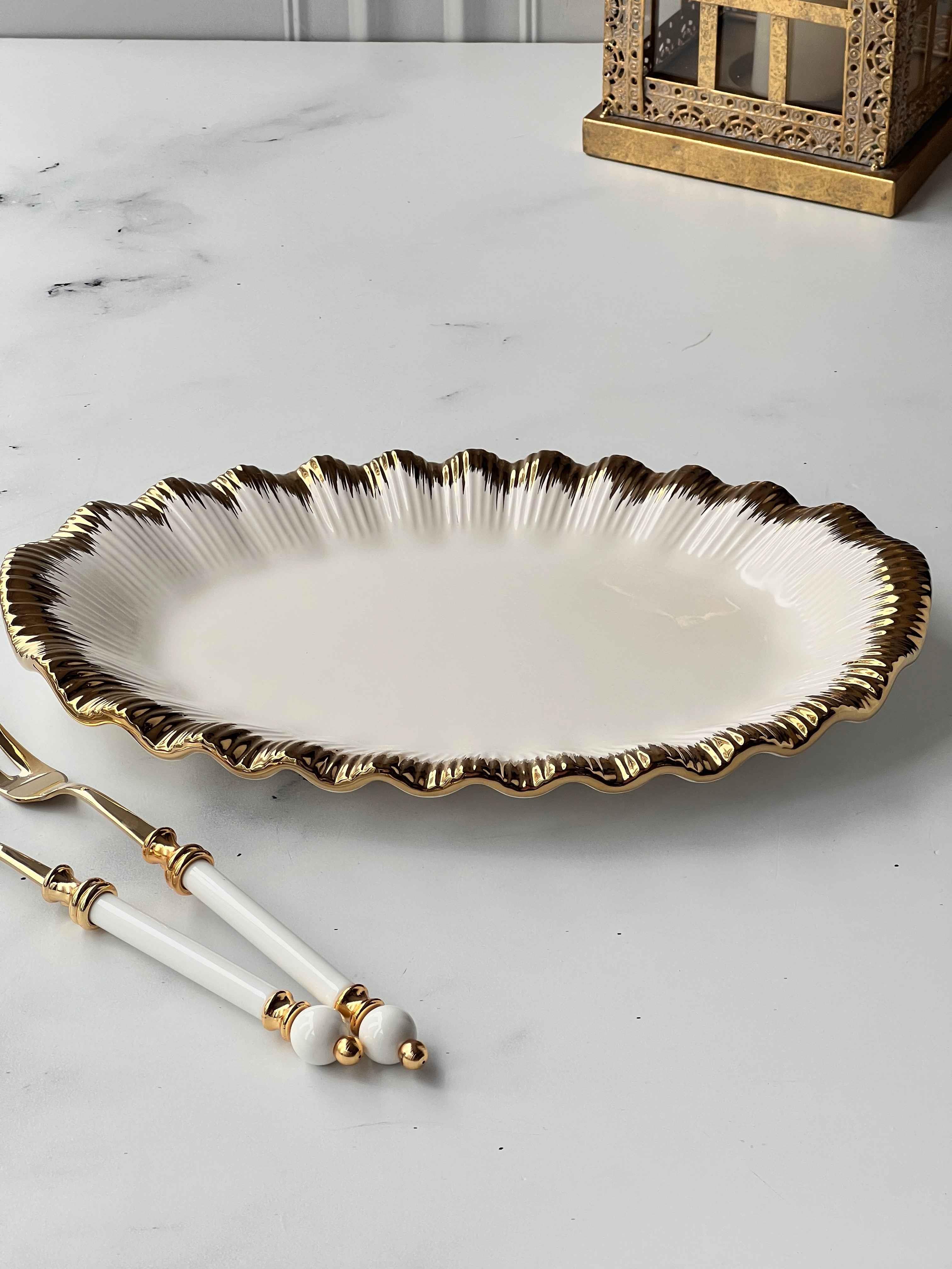 Oval Kase Sofya Stoneware Gold Kenarlı – 21 x 32 cm
