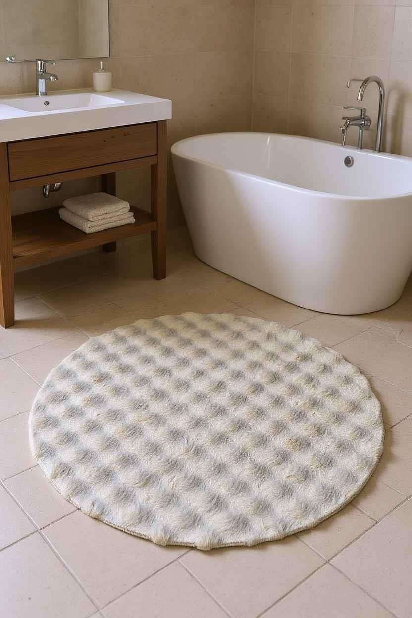 Peluş Model Kaydırmaz Tabanlı Buble Yuvarlak Dekoratif Halı Krem 100x100cm 