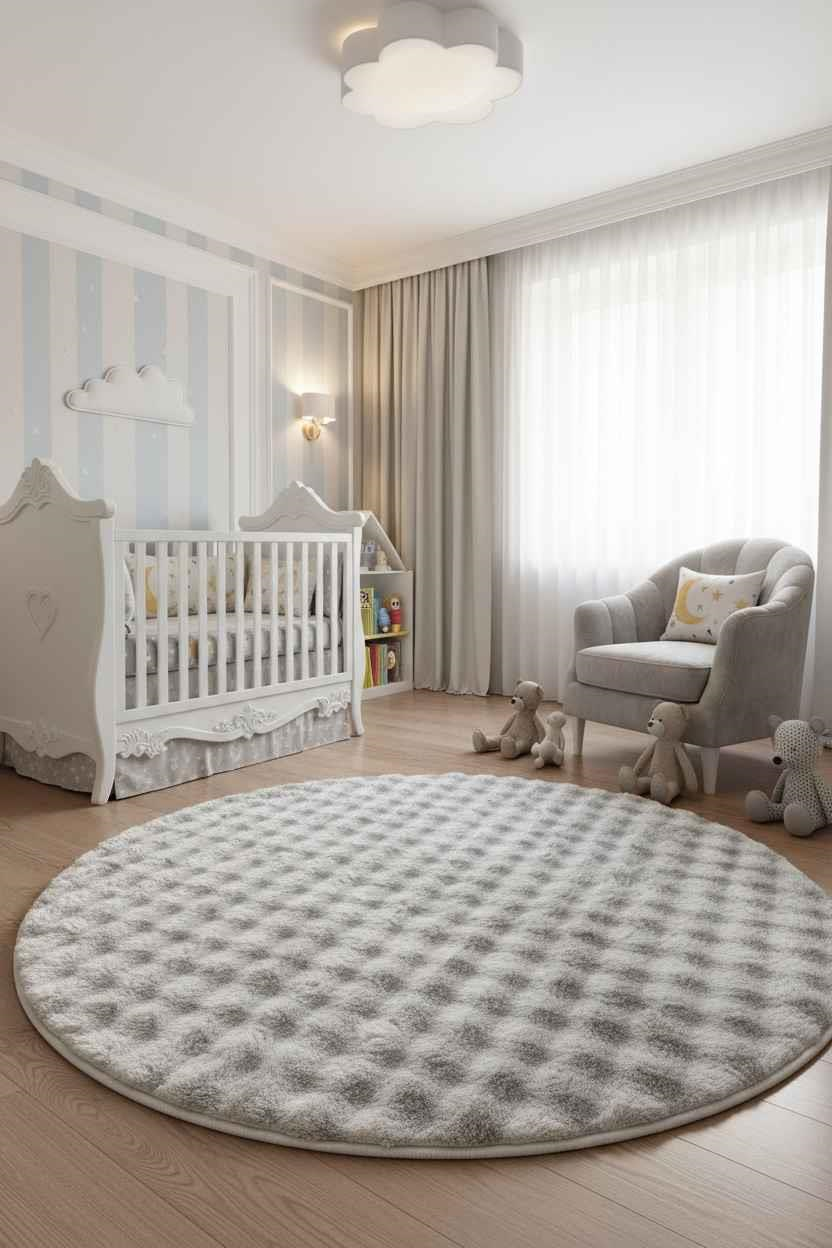 Peluş Model Kaydırmaz Tabanlı Buble Yuvarlak Dekoratif Halı Krem 100x100cm 