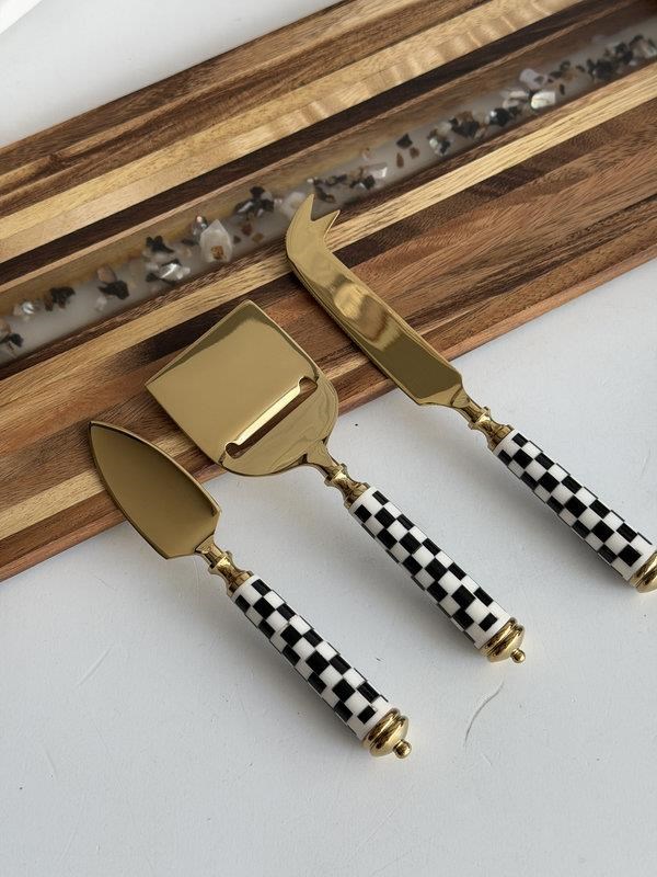 Peynir Kesme Servis Seti 3'lü Gold Dama Desen