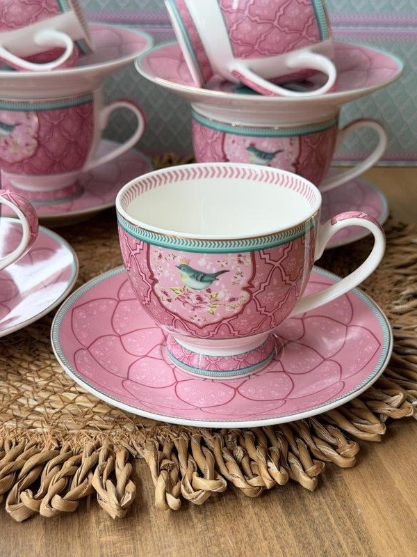 Porselen Çay Fincanı 6 Kişilik 12 Parça Qush Pembe