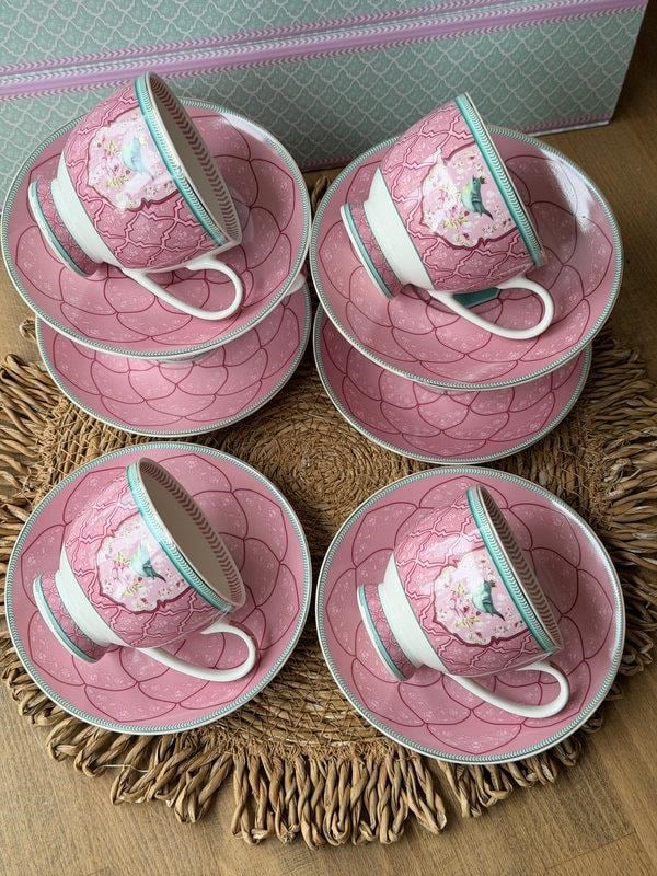 Porselen Çay Fincanı 6 Kişilik 12 Parça Qush Pembe