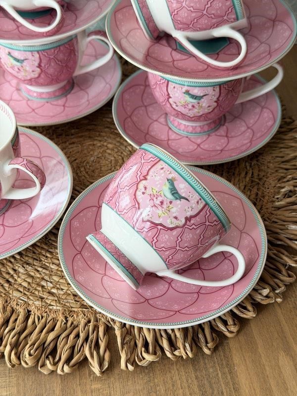 Porselen Çay Fincanı 6 Kişilik 12 Parça Qush Pembe