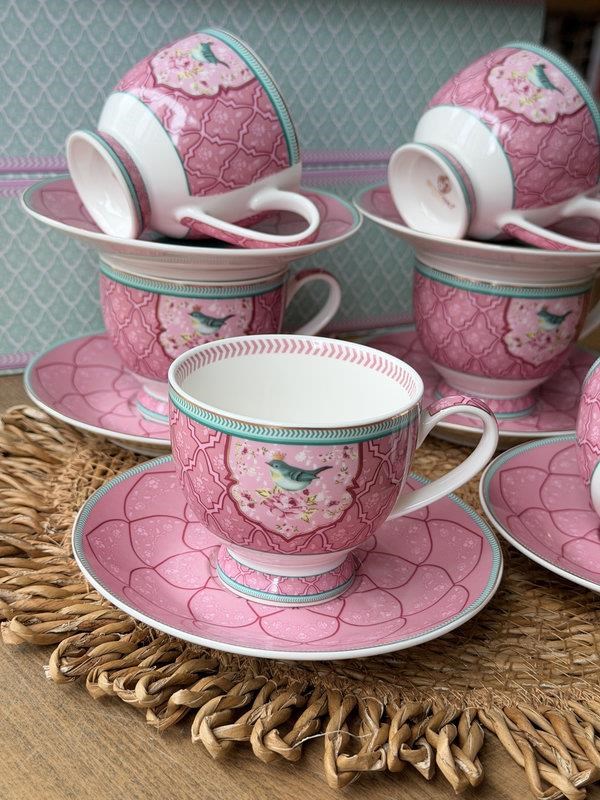 Porselen Çay Fincanı 6 Kişilik 12 Parça Qush Pembe