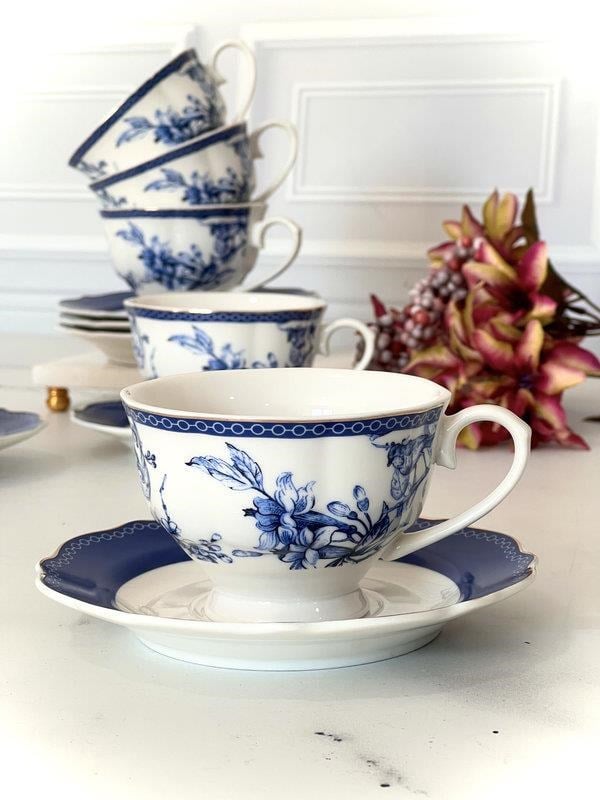 Porselen Çay Fincanı 6 Kişilik 12 Parça Blue