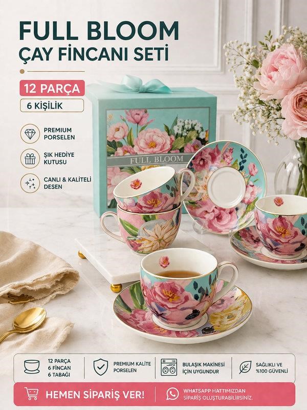 Porselen Çay Fincanı 6 Kişilik 12 Parça Full Bloom