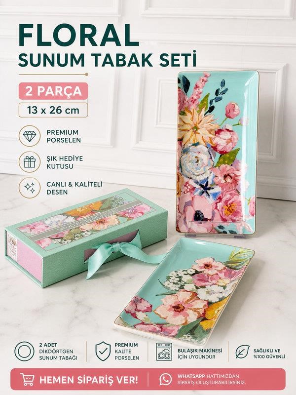 Porselen Dikdörtgen Sunum Tabak 26 Cm 2'li Full Bloom