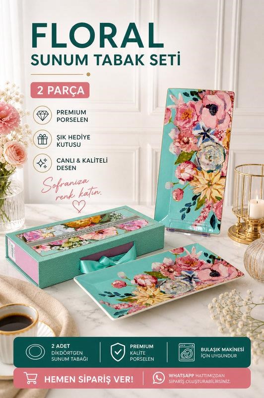 Porselen Dikdörtgen Sunum Tabak 30 Cm 2'li Full Bloom