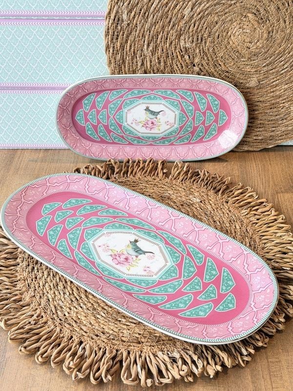 Porselen Sunum Tabak Oval 2'li Qush Pembe 