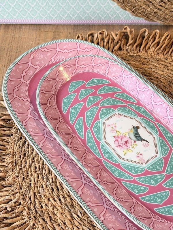 Porselen Sunum Tabak Oval 2'li Qush Pembe 