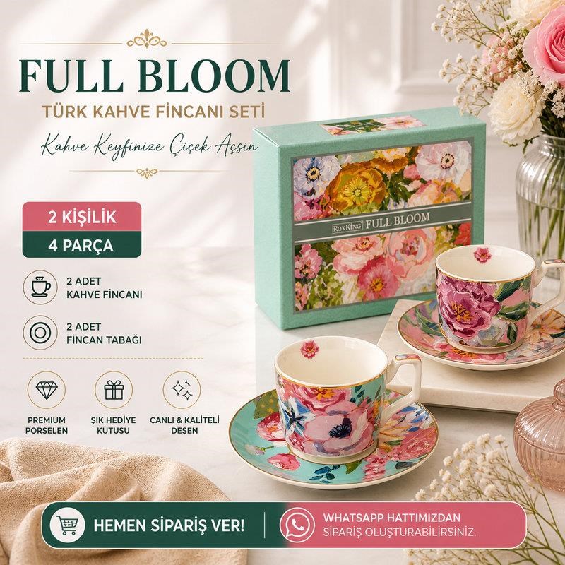 Porselen Türk Kahve Fincanı 2 Kişilik 4 Parça Full Bloom