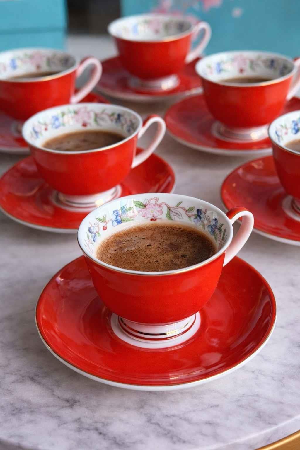 Porselen Türk Kahve Fincanı 6 Kişilik 12 Parça Ruby Kırmızı 