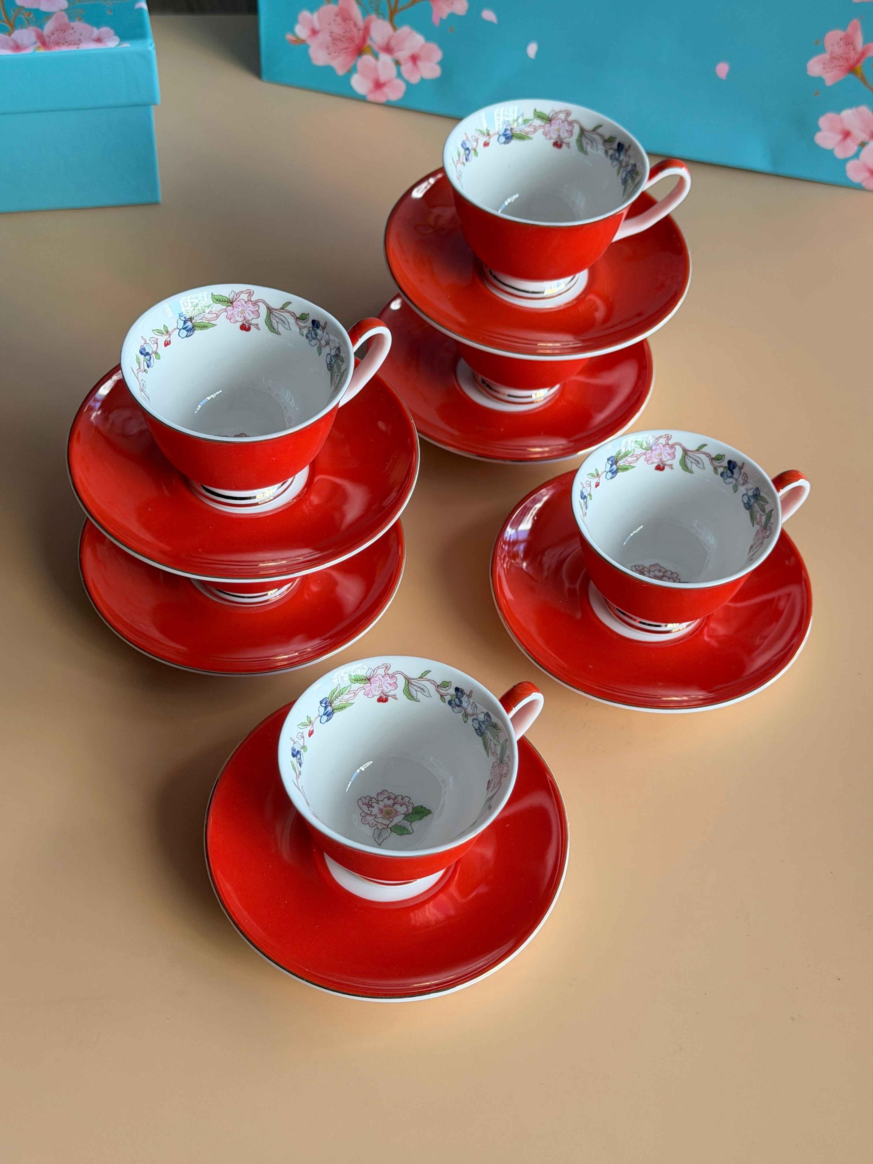 Porselen Türk Kahve Fincanı 6 Kişilik 12 Parça Ruby Kırmızı 