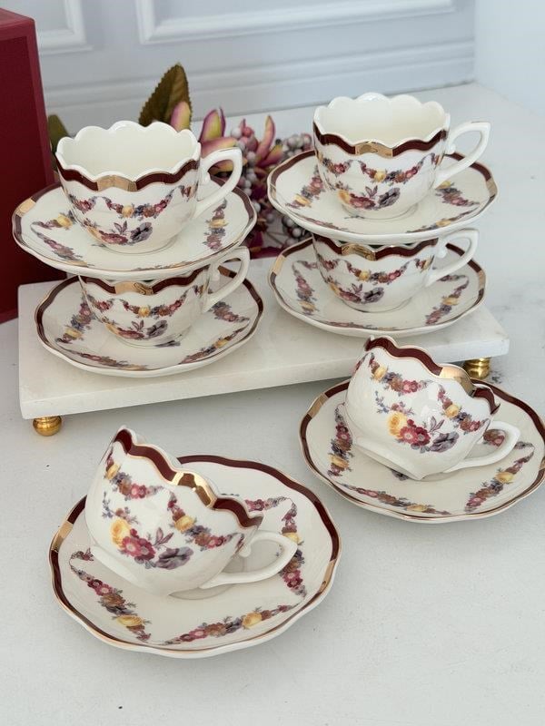 Porselen Türk Kahve Fincanı 6 Kişilik 12 Parça Romance