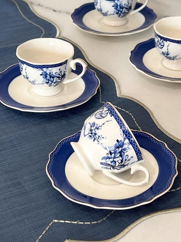 Porselen Türk Kahve Fincanı 6 Kişilik 12 Parça Blue