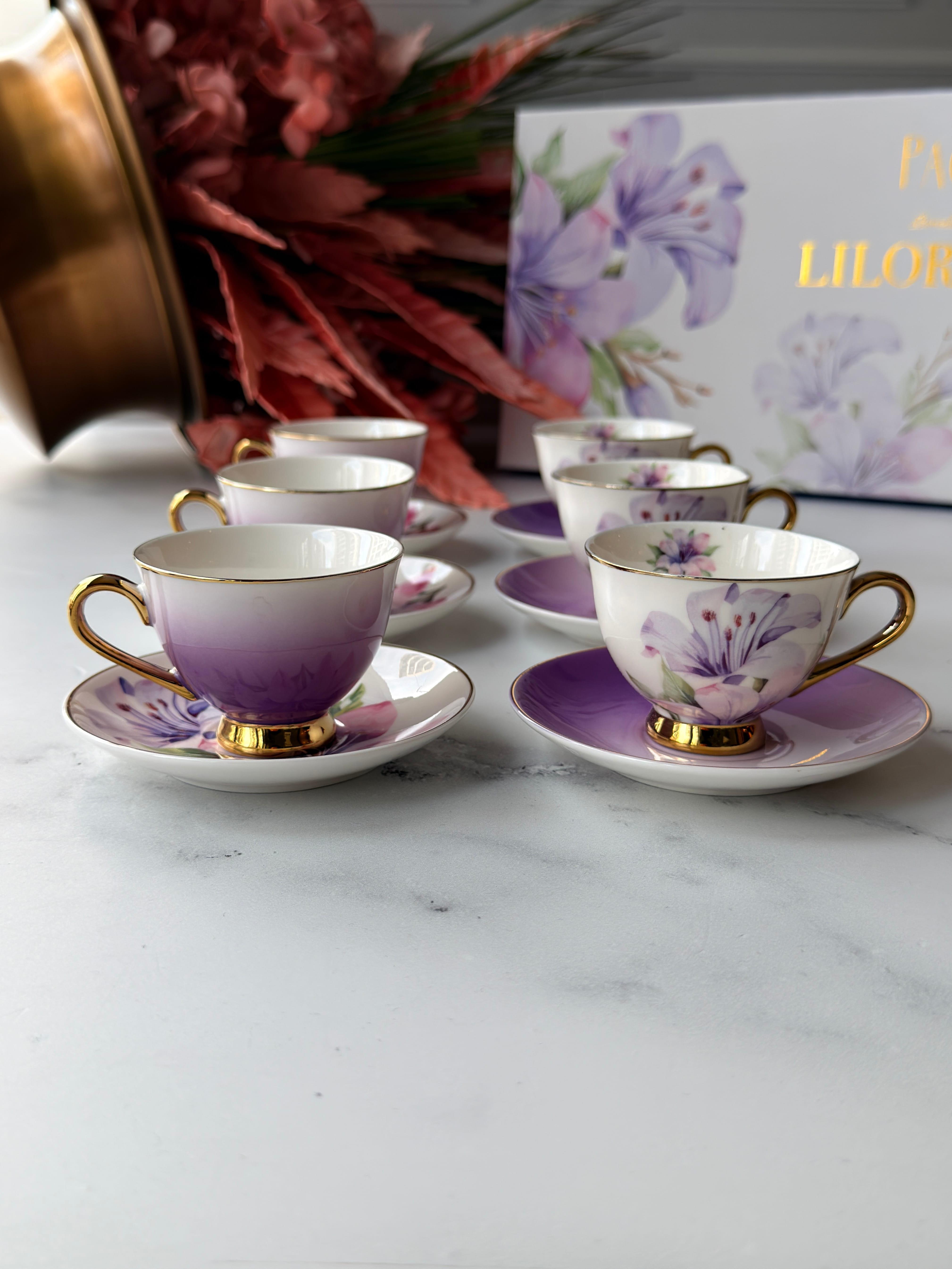 Porselen Türk Kahve Fincanı Takımı Lilora 6 Kişilik – Lila Çiçek Desenli 90 ml
