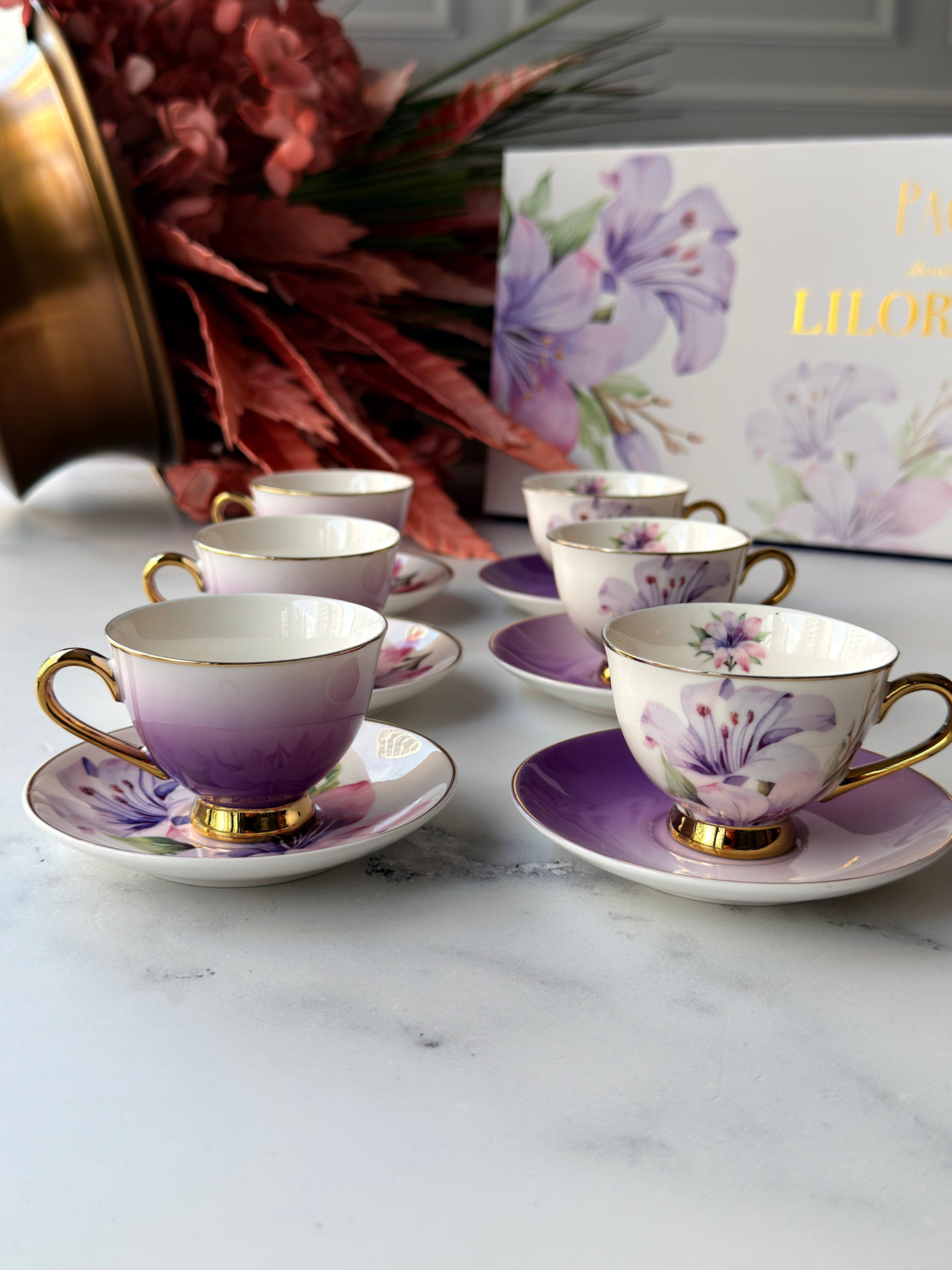 Porselen Türk Kahve Fincanı Takımı Lilora 6 Kişilik – Lila Çiçek Desenli 90 ml
