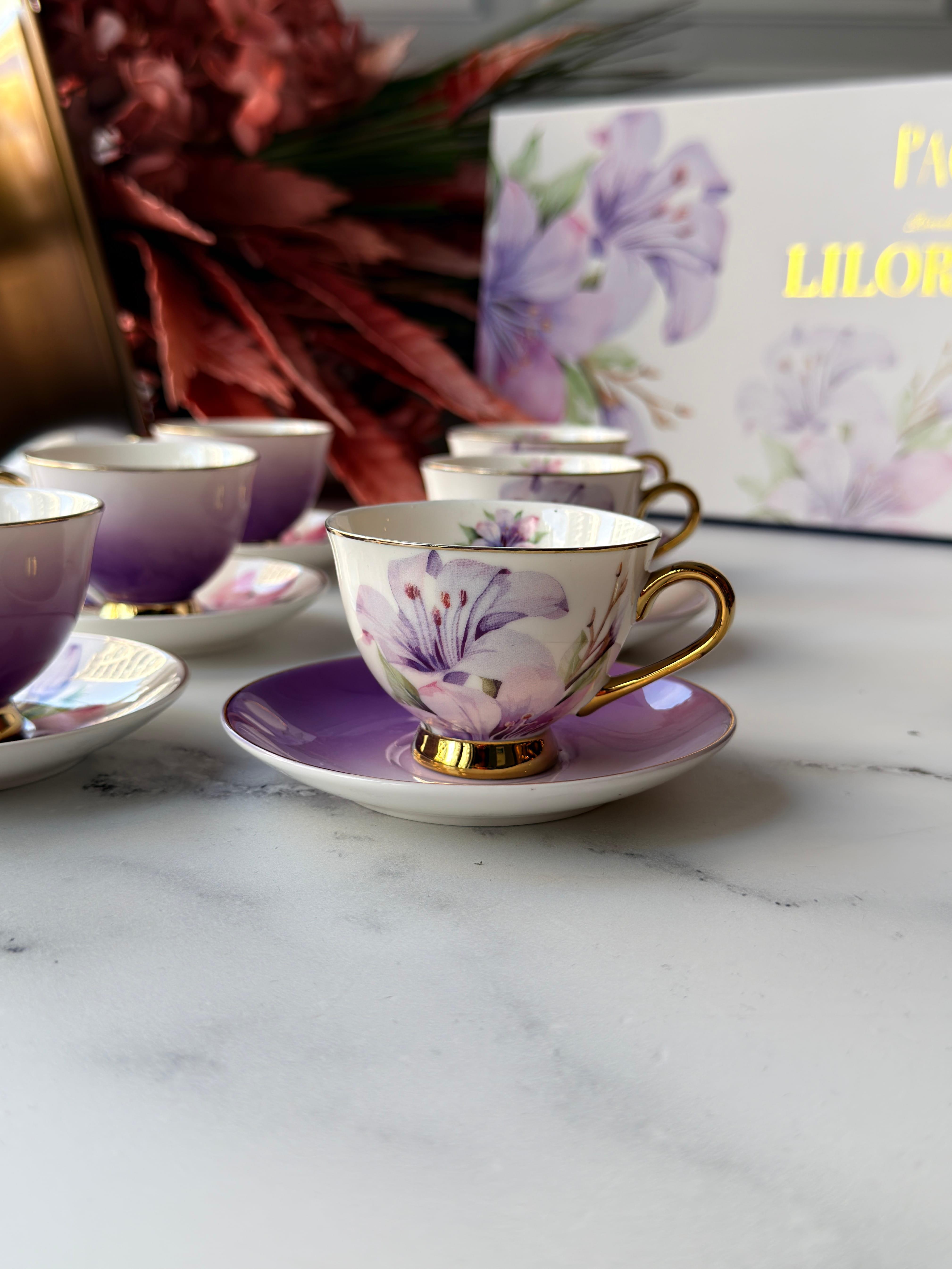 Porselen Türk Kahve Fincanı Takımı Lilora 6 Kişilik – Lila Çiçek Desenli 90 ml