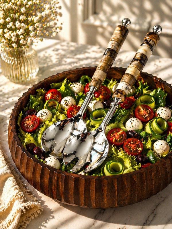 Salata Servis Seti 2'li Gümüş Kahve Taşlı